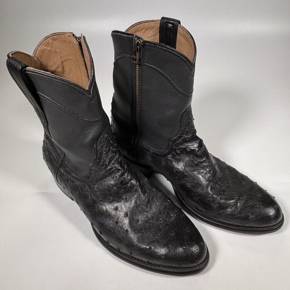 Tecovas Black Ostrich Western Ankle Boots Mens Size 10 EE Wide Zipper 1020